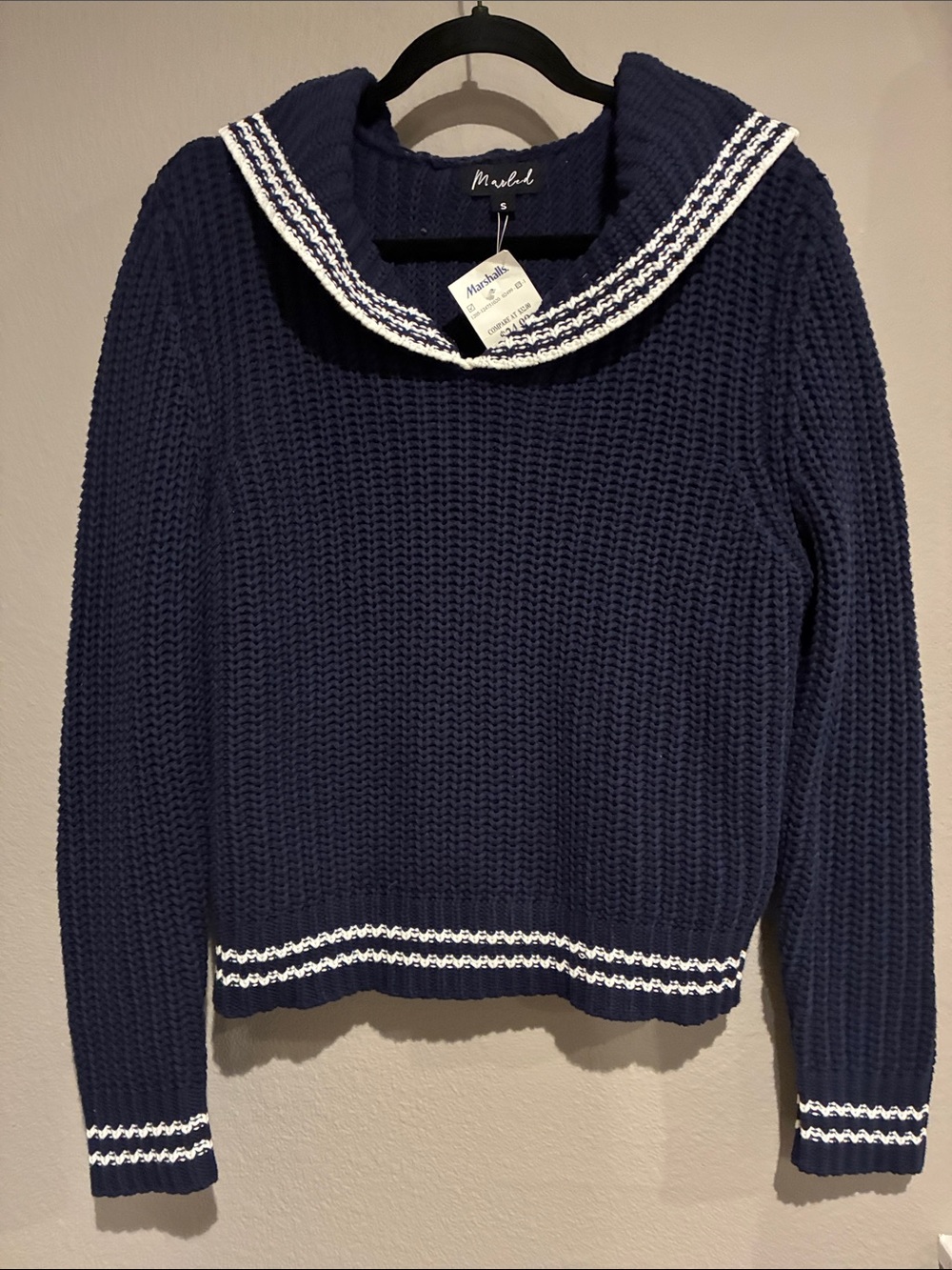 Marled Navy Marled Sailor Collar Sweater with White Trim